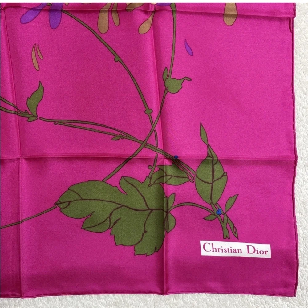 Christian Dior Silk Scarf 30in Fuchsia Pink Floral Botanical Leaves Design